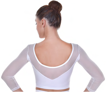 Haut de danse moderne jazz à manche longue en tulle stretch. Encolure forme bateau devant et dos ouvert en V avec tulle intégré. Cette brassière arrive à hauteur mi-torse.